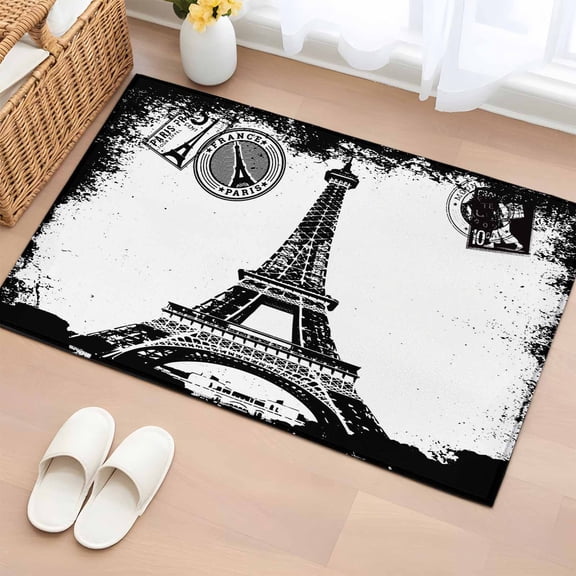 2x3 Ft Entryway Area Rug, Vintage Paris Kitchen Rug Runner Washable Floor Mat, Chic Shabby Retro Landscape Black White Non Slip Indoor Door Mat Throw Carpet for Bathroom Living Room Bedroom