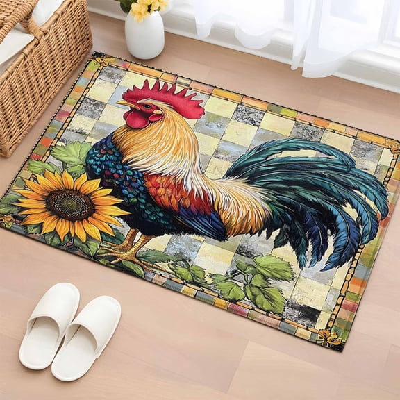 2x3 Ft Entryway Area Rug, Vintage Rooster Kitchen Rug Runner Washable Floor Mat, Yellow Sunflower Watercolor Animals Non Slip Indoor Door Mat Throw Carpet for Bathroom Living Room Bedroom