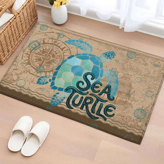 2x3 Ft Entryway Area Rug, Vintage Sea Turtle Kitchen Rug Runner Washable Floor Mat, Brown Nautical Anchor Bubbles Coastal Non Slip Indoor Door Mat Throw Carpet for Bathroom Living Room Bedroom