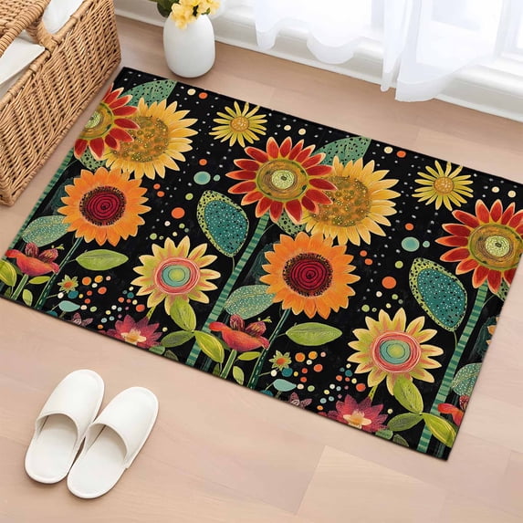 2x3 Ft Entryway Area Rug, Vintage Sunflower Kitchen Rug Runner Washable Floor Mat, Black Boho Ethnic Summer Botanical Non Slip Indoor Door Mat Throw Carpet for Bathroom Living Room Bedroom
