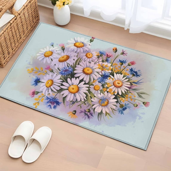 2x3 Ft Entryway Area Rug, Watercolor Daisy Kitchen Rug Runner Washable Floor Mat, Rustic Spring Botanical Flowers Floral Non Slip Indoor Door Mat Throw Carpet for Bathroom Living Room Bedroom