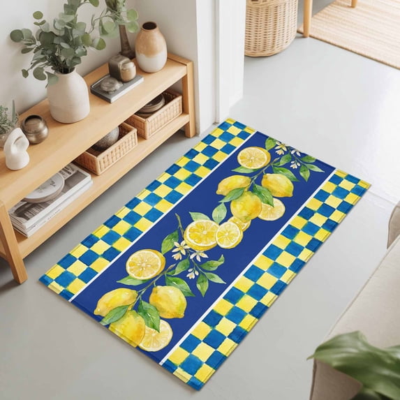 2x3 Ft Entryway Area Rug, Watercolor Lemon Kitchen Rug Runner Washable Floor Mat, Navy Blue Yellow Buffalo Plaid Summer Non Slip Indoor Door Mat Throw Carpet for Bathroom Living Room Bedroom