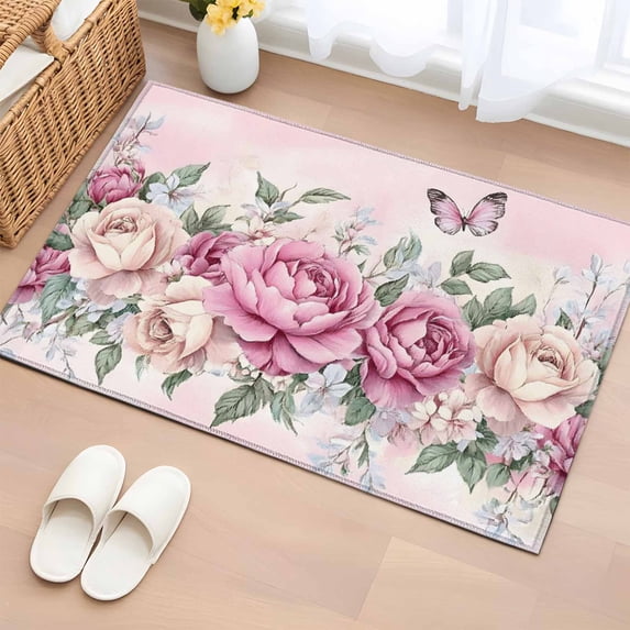 2x3 Ft Entryway Area Rug, Watercolor Pink Floral Kitchen Rug Runner Washable Floor Mat, Spring Romantic Roses Butterfly Non Slip Indoor Door Mat Throw Carpet for Bathroom Living Room Bedroom