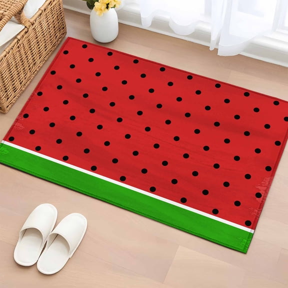 2x3 Ft Entryway Area Rug, Watermelon Kitchen Rug Runner Washable Floor Mat, Black Polka Dots Green Summer Fruits Non Slip Indoor Door Mat Throw Carpet for Bathroom Living Room Bedroom