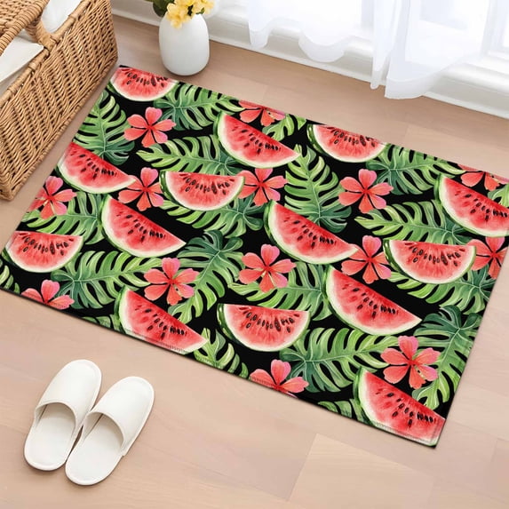 2x3 Ft Entryway Area Rug, Watermelon Kitchen Rug Runner Washable Floor Mat, Summer Fruit Green Tropical Palm Leaf Flower Non Slip Indoor Door Mat Throw Carpet for Bathroom Living Room Bedroom
