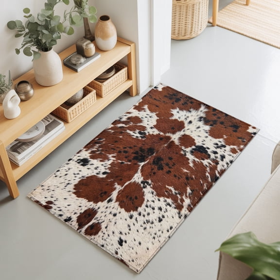 2x3 Ft Entryway Area Rug, Western Cow Print Kitchen Rug Runner Washable Floor Mat, Farmhouse Country Cowhide Fur Brown Non Slip Indoor Door Mat Throw Carpet for Bathroom Living Room Bedroom