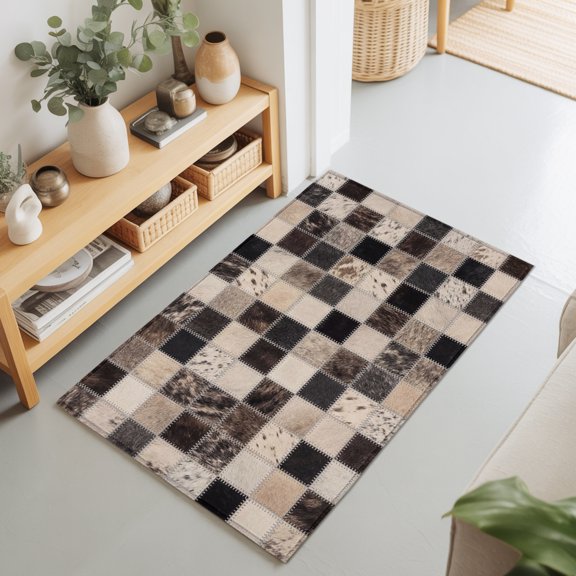 2x3 Ft Entryway Area Rug, Western Cow Print Kitchen Rug Runner Washable Floor Mat, Farmhouse Cowhide Plaid Checkered Brown Non Slip Indoor Door Mat Throw Carpet for Bathroom Living Room Bedroom