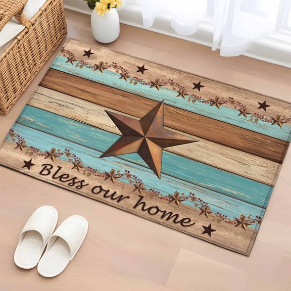 2x3 Ft Entryway Area Rug, Western Texas Star Vintage Kitchen Rug Runner Washable Floor Mat, Retro Farmhouse Turquoise Brown Wood Non Slip Indoor Door Mat Throw Carpet for Bathroom Living Room Bedroom