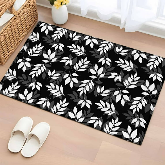2x3 Ft Entryway Area Rug, White Leaves Kitchen Rug Runner Washable Floor Mat, Black Vintage Spring Botanical Leaf Plants Non Slip Indoor Door Mat Throw Carpet for Bathroom Living Room Bedroom