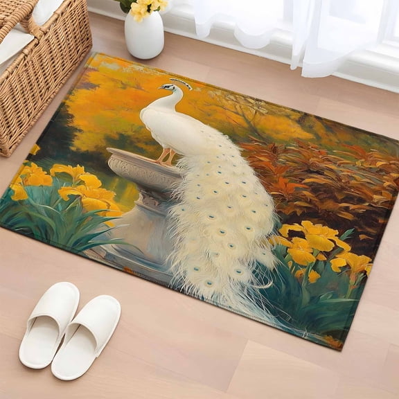 2x3 Ft Entryway Area Rug, White Peacock Elegance Kitchen Rug Runner Washable Floor Mat, Retro Botanical Garden Floral Non Slip Indoor Door Mat Throw Carpet for Bathroom Living Room Bedroom