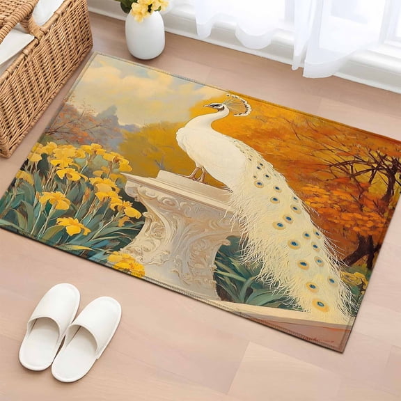 2x3 Ft Entryway Area Rug, White Peacock Elegant Kitchen Rug Runner Washable Floor Mat, Vintage Garden Floral Botanical Non Slip Indoor Door Mat Throw Carpet for Bathroom Living Room Bedroom