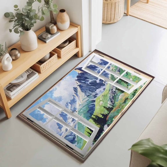 2x3 Ft Entryway Area Rug, Window Mountain View Kitchen Rug Runner Washable Floor Mat, Nature Scenic Lush Alpine Valley Non Slip Indoor Door Mat Throw Carpet for Bathroom Living Room Bedroom