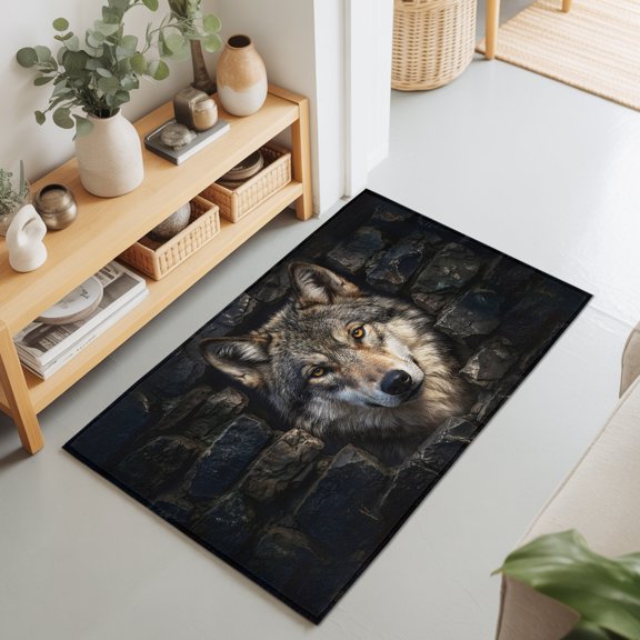 2x3 Ft Entryway Area Rug, Wolf Kitchen Rug Runner Washable Floor Mat, Mysterious Black Dark Stones Gray Brown Non Slip Indoor Door Mat Throw Carpet for Bathroom Living Room Bedroom