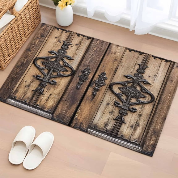 2x3 Ft Entryway Area Rug, Wooden Plank Kitchen Rug Runner Washable Floor Mat, Rustic Farmhouse Brown Black Barn Door Non Slip Indoor Door Mat Throw Carpet for Bathroom Living Room Bedroom