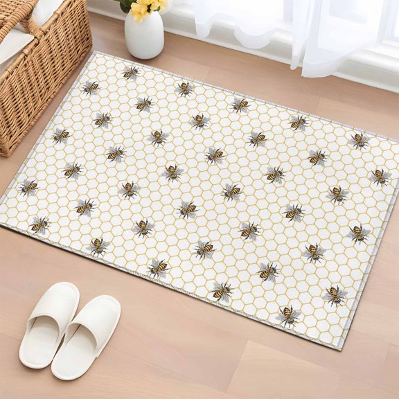 2x3 Ft Entryway Area Rug, Yellow Bees Kitchen Rug Runner Washable Floor Mat, Honeybee Geometric Hive Simple Pastoral Non Slip Indoor Door Mat Throw Carpet for Bathroom Living Room Bedroom