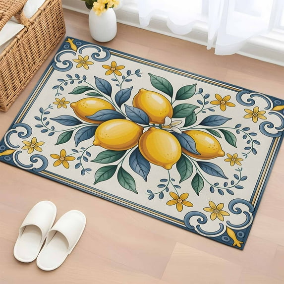 2x3 Ft Entryway Area Rug, Yellow Blue Lemon Kitchen Rug Runner Washable Floor Mat, Summer Botanical Watercolor Non Slip Indoor Door Mat Throw Carpet for Bathroom Living Room Bedroom