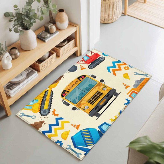 2x3 Ft Entryway Area Rug, Yellow Cartoon Truck Kitchen Rug Runner Washable Floor Mat, Cute Engineering Vehicle Non Slip Indoor Door Mat Throw Carpet for Bathroom Living Room Bedroom