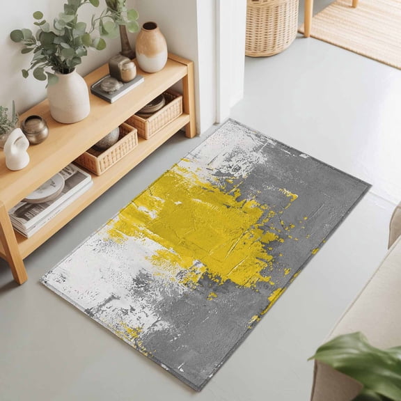 2x3 Ft Entryway Area Rug, Yellow Cement Gray Kitchen Rug Runner Washable Floor Mat, Modern Abstract Art Yellow Non Slip Indoor Door Mat Throw Carpet for Bathroom Living Room Bedroom