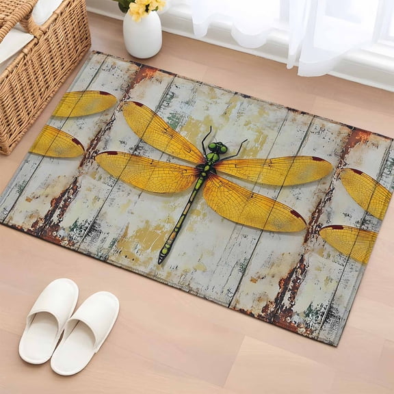 2x3 Ft Entryway Area Rug, Yellow Dragonfly Kitchen Rug Runner Washable Floor Mat, Vintage Farmhouse Animals Wooden Grain Non Slip Indoor Door Mat Throw Carpet for Bathroom Living Room Bedroom