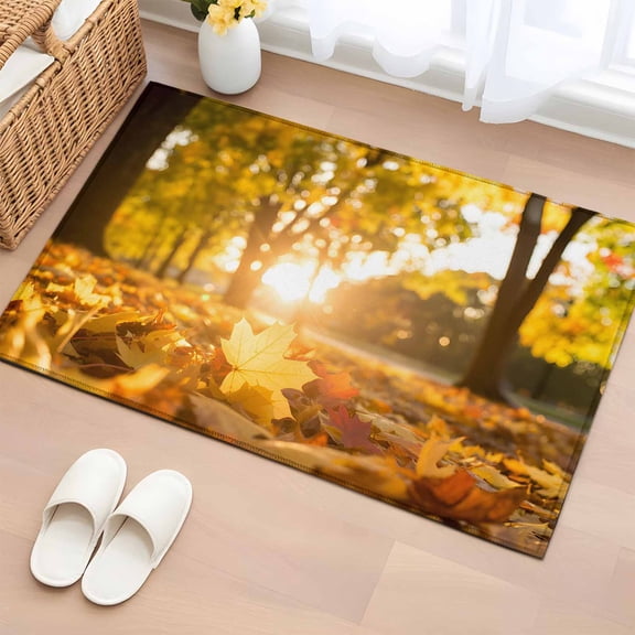 2x3 Ft Entryway Area Rug, Yellow Fall Maple Kitchen Rug Runner Washable Floor Mat, Autumn Leaves Country Rustic Deciduous Non Slip Indoor Door Mat Throw Carpet for Bathroom Living Room Bedroom