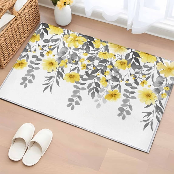 2x3 Ft Entryway Area Rug, Yellow Floral Kitchen Rug Runner Washable Floor Mat, Farmhouse Spring Flowers Leaves Non Slip Indoor Door Mat Throw Carpet for Bathroom Living Room Bedroom
