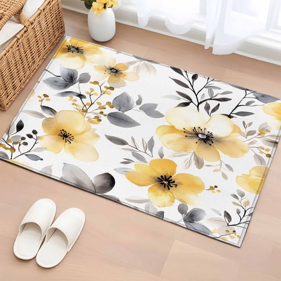 2x3 Ft Entryway Area Rug, Yellow Floral Spring Kitchen Rug Runner Washable Floor Mat, Summer Botanical Gray Farmhouse Non Slip Indoor Door Mat Throw Carpet for Bathroom Living Room Bedroom
