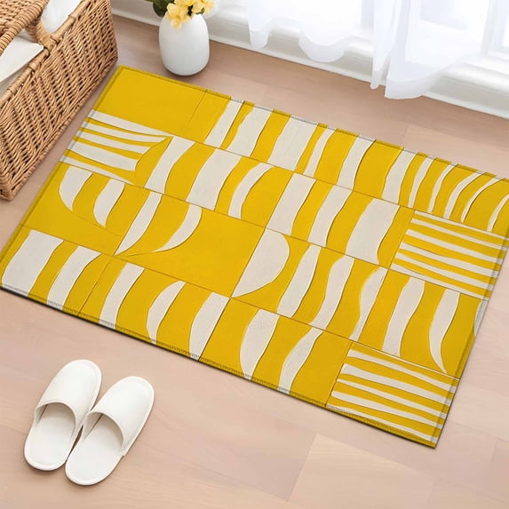 2x3 Ft Entryway Area Rug, Yellow Geometric Kitchen Rug Runner Washable Floor Mat, Modern Abstract Minimalist Stripe Non Slip Indoor Door Mat Throw Carpet for Bathroom Living Room Bedroom
