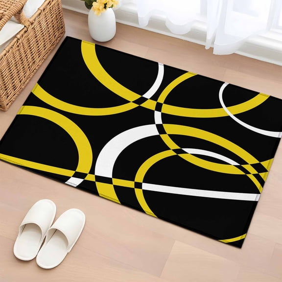 2x3 Ft Entryway Area Rug, Yellow Geometric Kitchen Rug Runner Washable Floor Mat, Modern Abstract Simple Lines Black Non Slip Indoor Door Mat Throw Carpet for Bathroom Living Room Bedroom