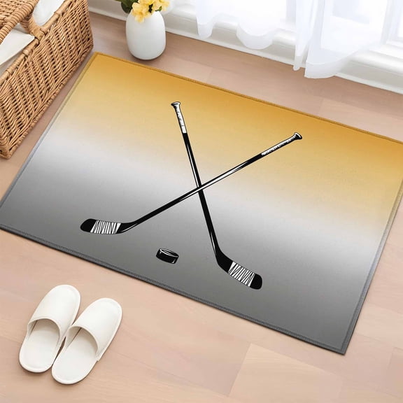 2x3 Ft Entryway Area Rug, Yellow Gray Ombre Kitchen Rug Runner Washable Floor Mat, Black Hockey Sticks Minimalist Style Non Slip Indoor Door Mat Throw Carpet for Bathroom Living Room Bedroom
