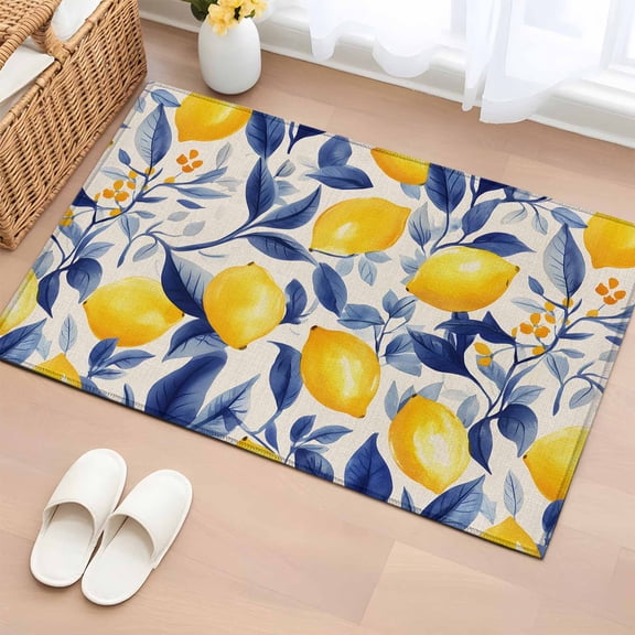 2x3 Ft Entryway Area Rug, Yellow Lemon Kitchen Rug Runner Washable Floor Mat, Blue Leaf Vintage Botanical Summer Spring Non Slip Indoor Door Mat Throw Carpet for Bathroom Living Room Bedroom