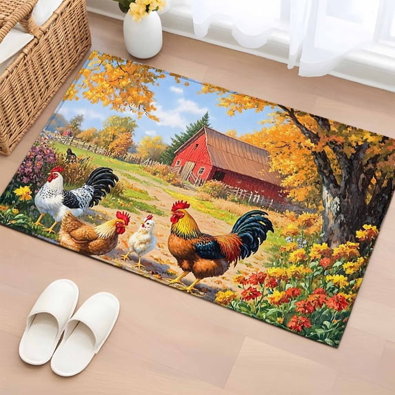 2x3 Ft Entryway Area Rug, Yellow Retro Rooster Kitchen Rug Runner Washable Floor Mat, Spring Floral Pastoral Animals Non Slip Indoor Door Mat Throw Carpet for Bathroom Living Room Bedroom