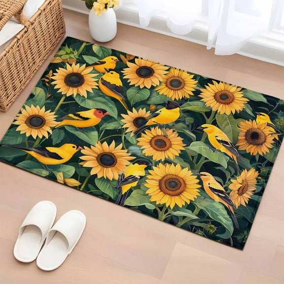 2x3 Ft Entryway Area Rug, Yellow Sunflower Birds Kitchen Rug Runner Washable Floor Mat, Spring Leaves Retro Country Non Slip Indoor Door Mat Throw Carpet for Bathroom Living Room Bedroom