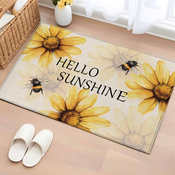 2x3 Ft Entryway Area Rug, Yellow Sunflower Kitchen Rug Runner Washable Floor Mat, Bee Retro Simple Text Art Aesthetic Non Slip Indoor Door Mat Throw Carpet for Bathroom Living Room Bedroom