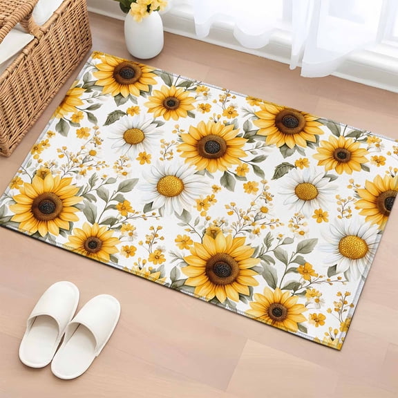 2x3 Ft Entryway Area Rug, Yellow Sunflower Kitchen Rug Runner Washable Floor Mat, Spring Summer Floral Farmhouse Non Slip Indoor Door Mat Throw Carpet for Bathroom Living Room Bedroom