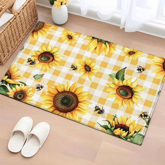 2x3 Ft Entryway Area Rug, Yellow Sunflower Kitchen Rug Runner Washable Floor Mat, Vintage Country Bee Plaid Ginger Check Non Slip Indoor Door Mat Throw Carpet for Bathroom Living Room Bedroom