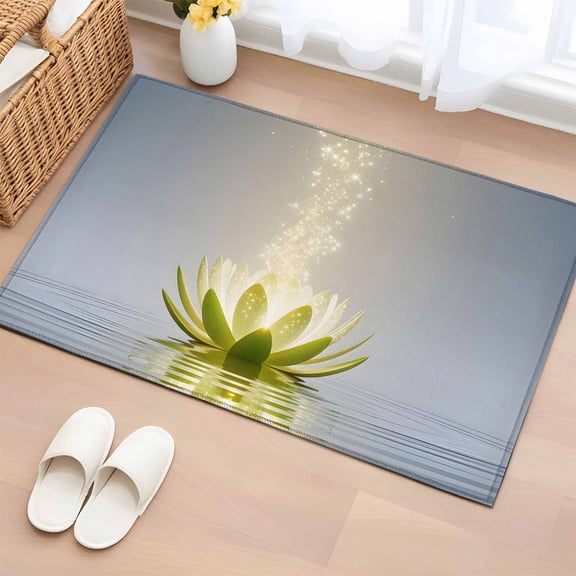 2x3 Ft Entryway Area Rug, Zen Meditation Lotus Floral Kitchen Rug Runner Washable Floor Mat, Green Floral Modern Art Non Slip Indoor Door Mat Throw Carpet for Bathroom Living Room Bedroom
