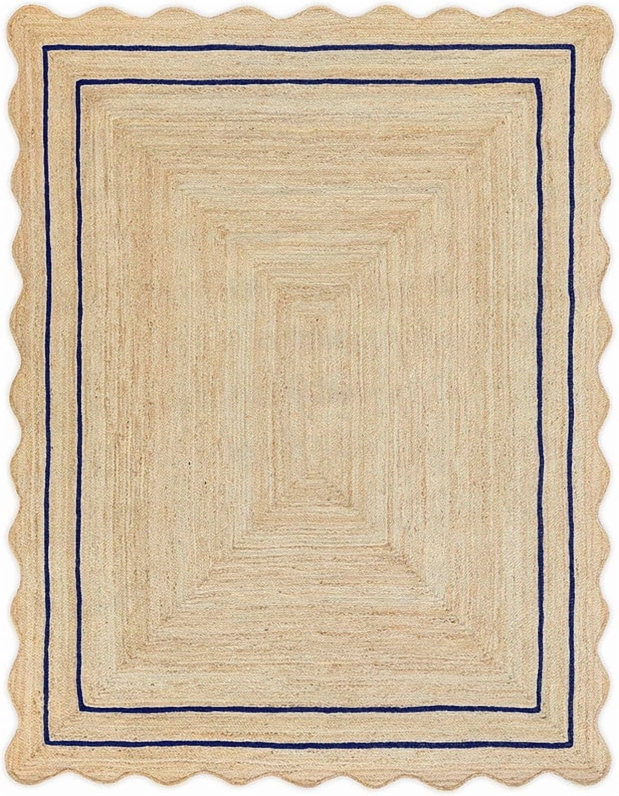 2x3 Ft Navy Blue Border Premium Scalloped Jute Rug, Handcrafted Natural Braided Carpet for Living Room, Bedroom, Entryway, Hallway etc.