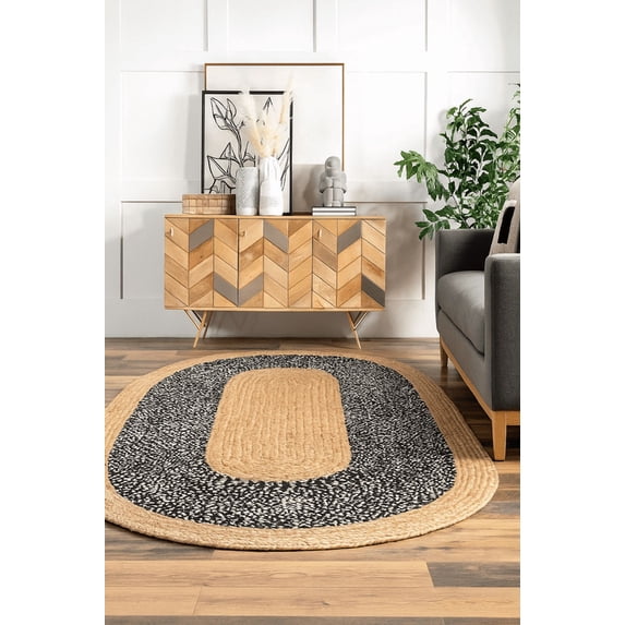 2x3 Ft Oval Black & White Cotton Jute Area Rug, Hand-Woven, Reversible, Farmhouse Boho Style, Durable & Pet-Friendly Rug for Living Room, Dining Room, and Bedroom