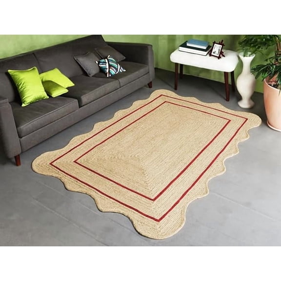 2x3 Ft Red Border Premium Scalloped Jute Rug | Boho scalloped rug for Living Room | Bedroom | Kitchen | Hallway | Entryway