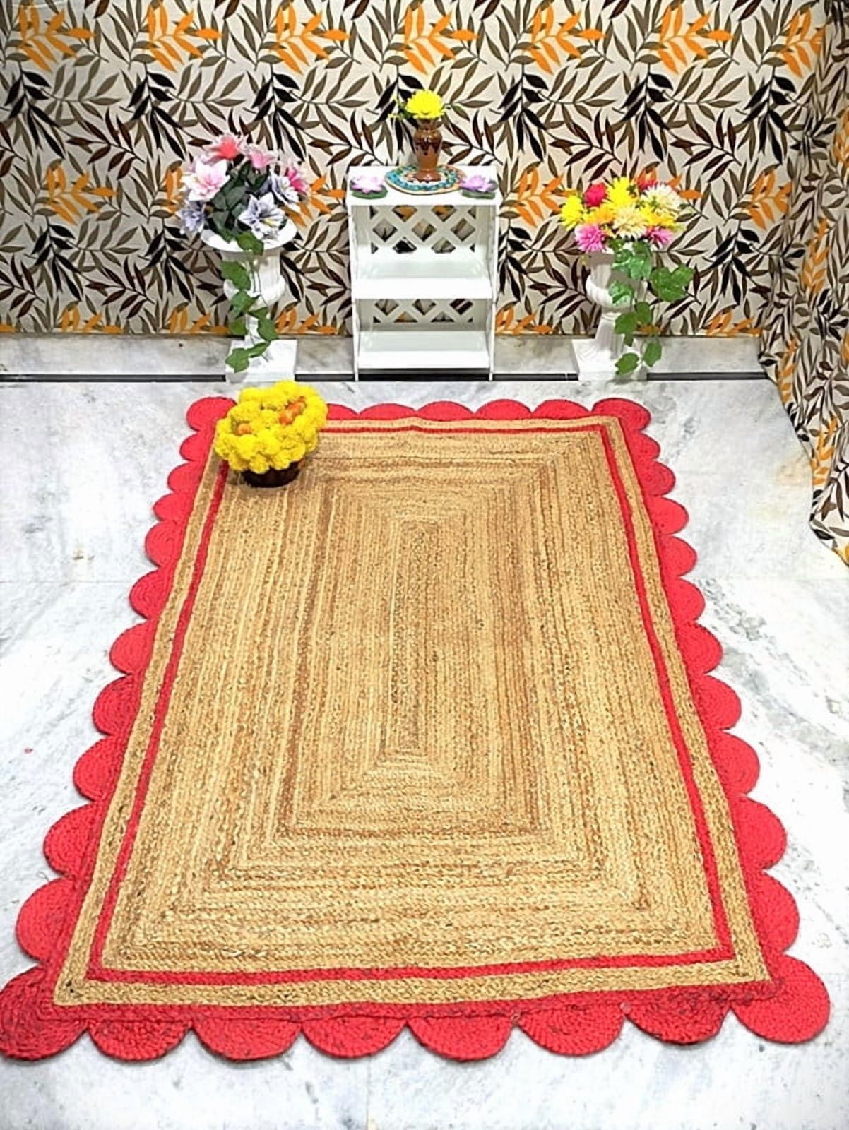 2x3 Ft Red & Natural Jute Premium Scalloped Jute Rug | Boho scalloped rug for Living Room | Bedroom | Kitchen | Hallway | Entryway