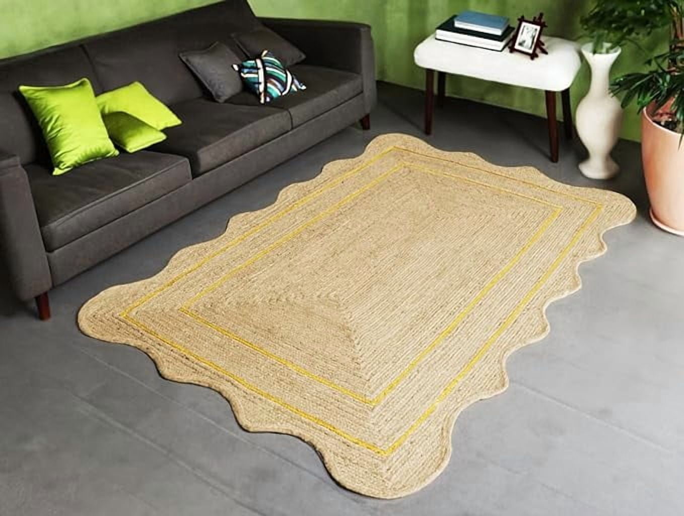 2x3 Ft Yellow Border Jute Premium Scalloped Jute Rug – Handcrafted Natural Braided Carpet for Living Room, Bedroom, Entryway – Boho Home Decor