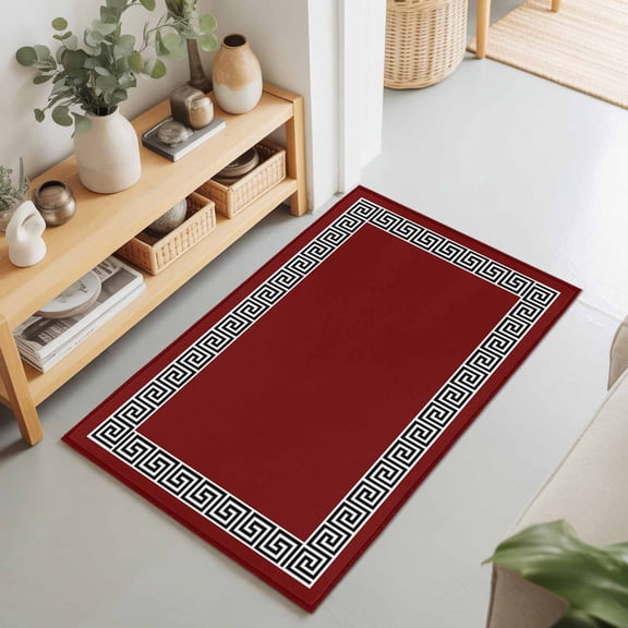 2x3 Geometric Greek Key Design Small Area Rug for Entryway, Washable Non Slip Low Pile Soft Indoor Rug for Kitchen Bathroom Bedside, Red Accent Rug