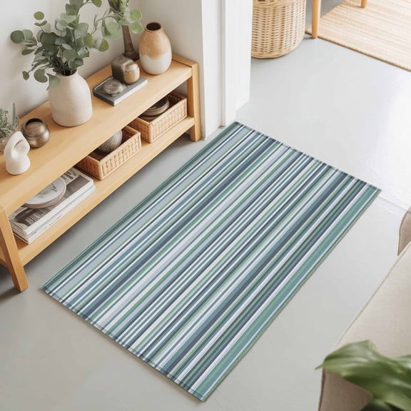 2x3 Geometric Pattern Small Area Rug for Entryway, Washable Non Slip Low Pile Soft Indoor Rug for Kitchen Bathroom Bedside, Blue Green Stripe Accent Rug