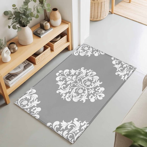 2x3 Gray Flower Small Area Rug for Entryway, Washable Non Slip Low Pile Soft Indoor Rug for Kitchen Bathroom Bedside, Classical Luxury Abstract Art Accent Rug