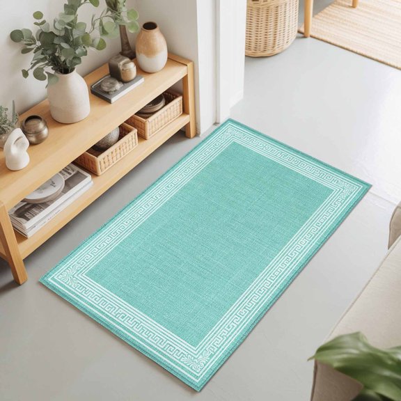 2x3 Green Turquoise Vintage Small Area Rug for Entryway, Washable Non Slip Low Pile Soft Indoor Rug for Kitchen Bathroom Bedside, Abstract Art Linen Greek Key Accent Rug