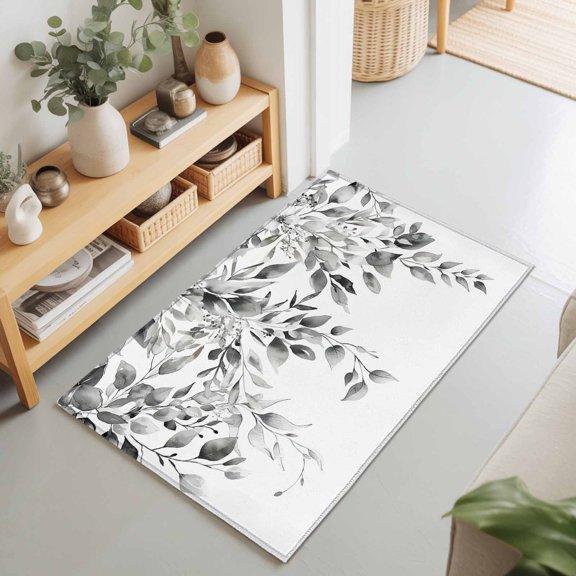 2x3 Grey Eucalyptus Leaves Small Area Rug for Entryway, Washable Non Slip Low Pile Soft Indoor Rug for Kitchen Bathroom Bedside, Plant Accent Rug