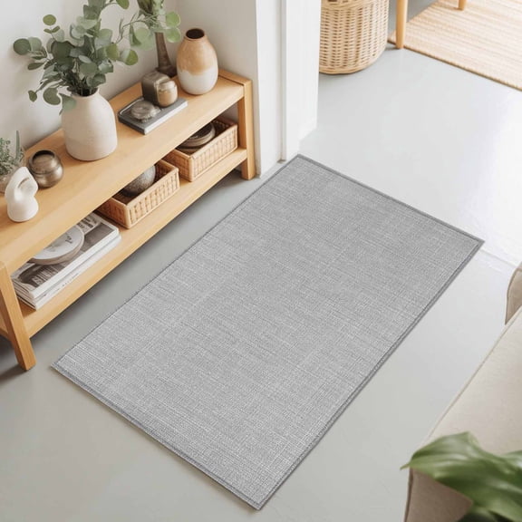 2x3 Grey Linen Texture Small Area Rug for Entryway, Washable Non Slip Low Pile Soft Indoor Rug for Kitchen Bathroom Bedside, Solid Color Accent Rug