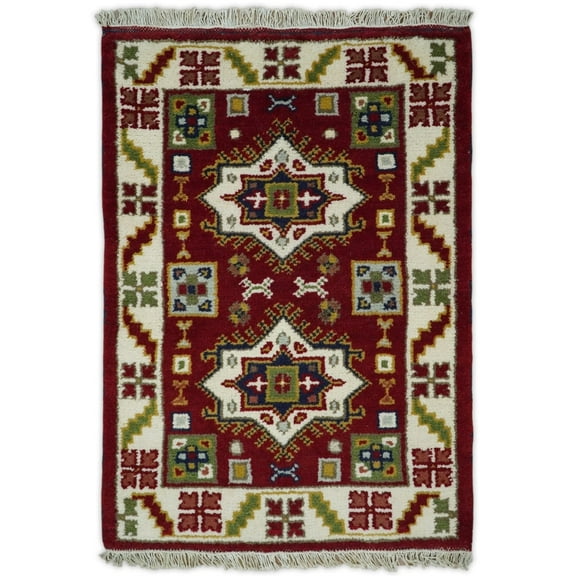 2x3 Hand Knotted traditional Kazak Red and Ivory Armenian Tribal Entryway Rug | KZA11