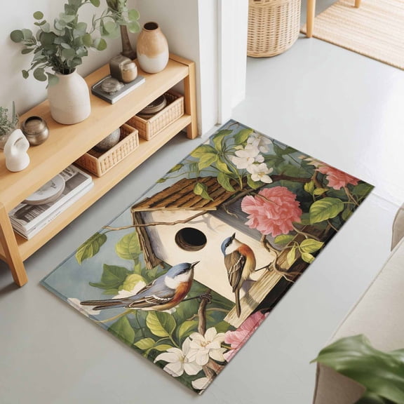 2x3 Hummingbird Magpie Small Area Rug for Entryway, Washable Non Slip Low Pile Soft Indoor Rug for Kitchen Bathroom Bedside, Spring Begonia Flower Branch Bird Accent Rug
