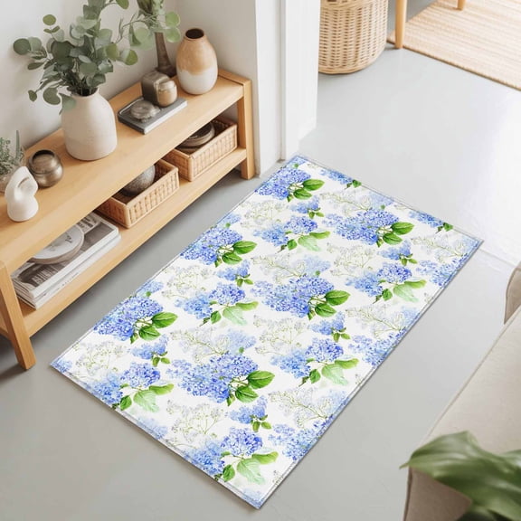 2x3 Hydrangea Flower Blue Small Area Rug for Entryway, Washable Non Slip Low Pile Soft Indoor Rug for Kitchen Bathroom Bedside, Green Leaves Accent Rug